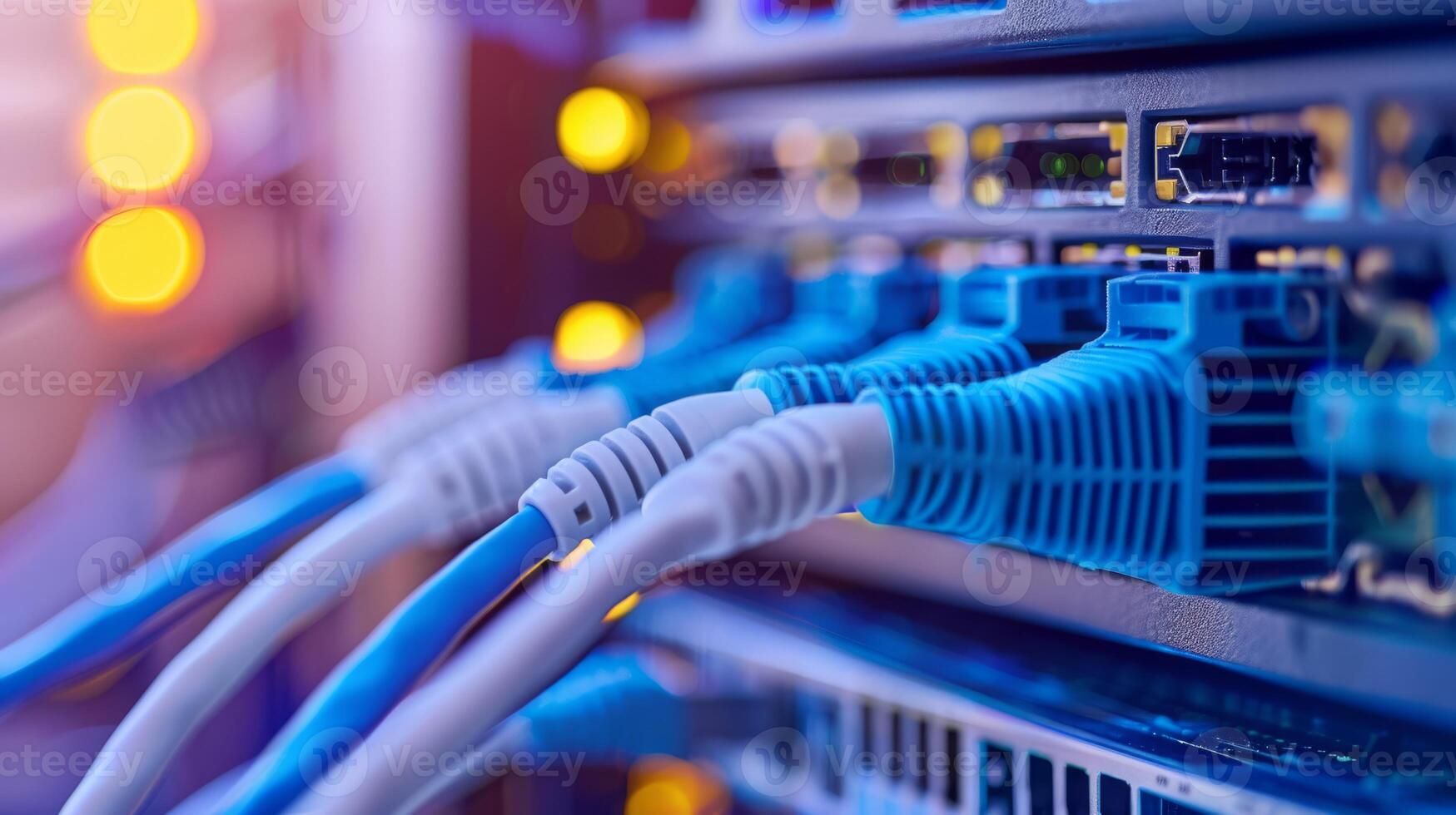 Closeup of Ethernet cables connected to a server with glowing LED lights, representing data connectivity. photo