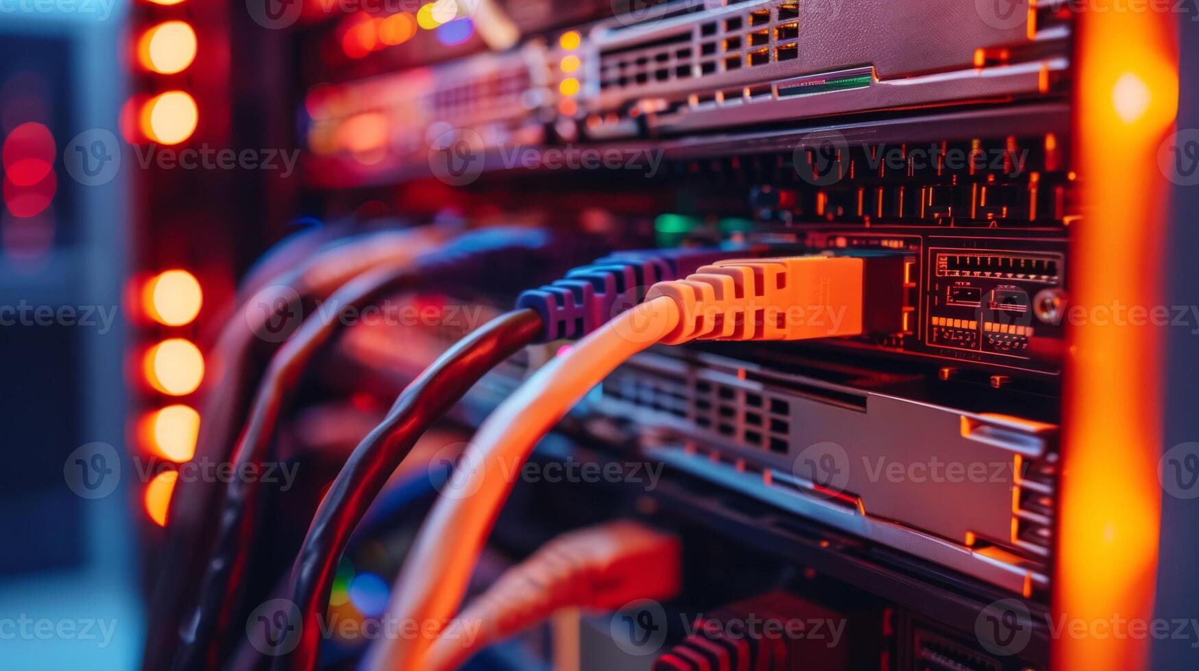 Close-up view of a server rack with network cables and connectors, showcasing data center technology. photo