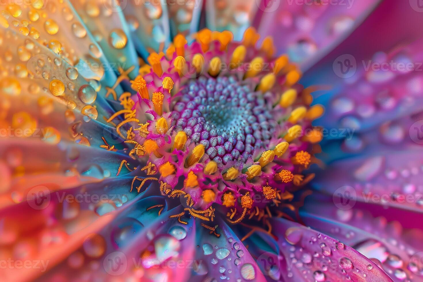 A closeup photo showing the vivid colors and intricate details of a flower adorned with water droplets
