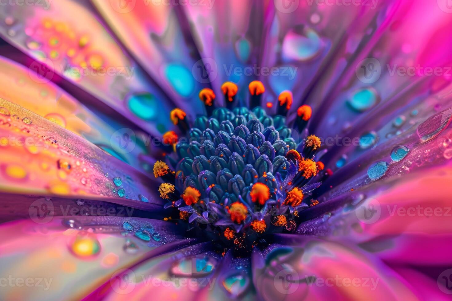 A closeup photo showing the vivid colors and intricate details of a flower adorned with water droplets