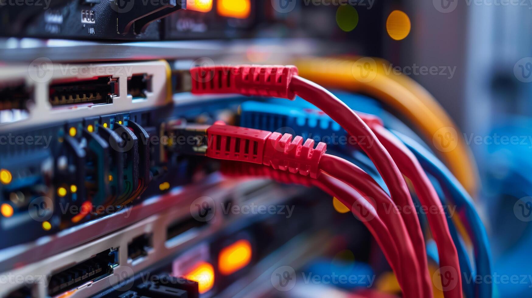Image of network server with redblue ethernet cables, symbolizing digital network communication and connectivity photo