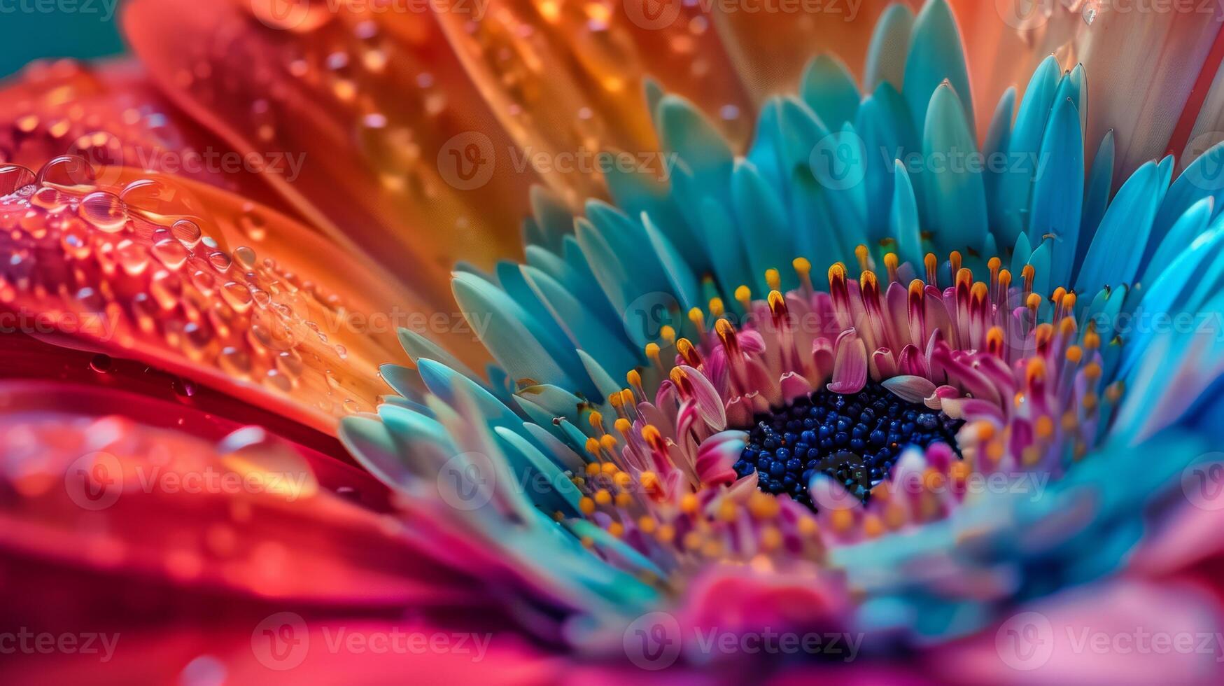 A closeup photo showing the vivid colors and intricate details of a flower adorned with water droplets