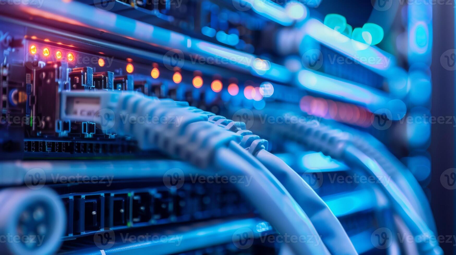 Closeup of Ethernet cables connected to a server with glowing LED lights, representing data connectivity. photo