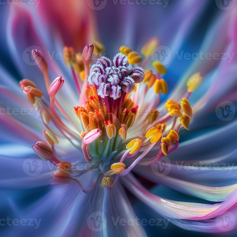Showcase the beauty of an abstract blooming flower with a detailed macro shot, vibrant colors, and intricate details photo