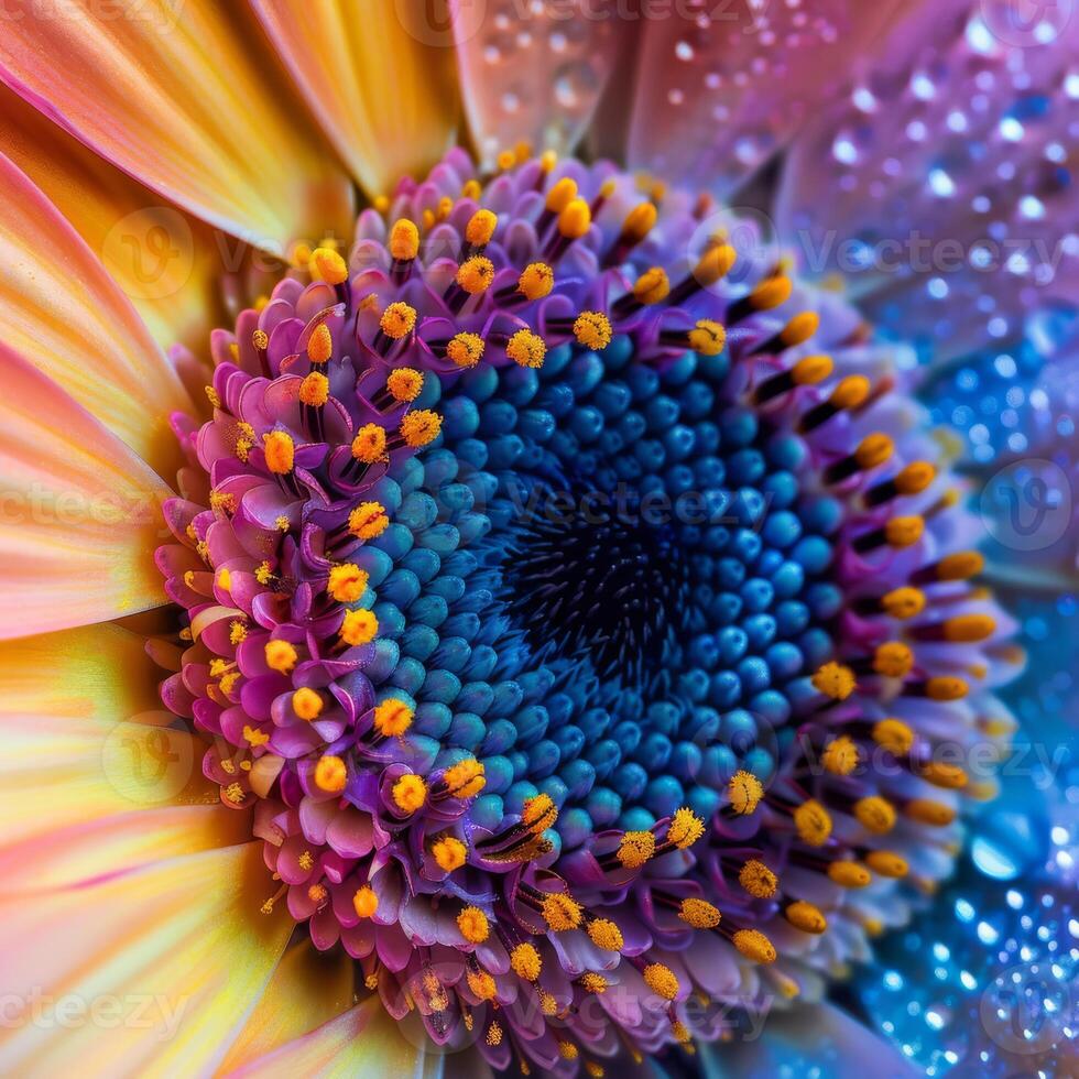 A closeup photo showing the vivid colors and intricate details of a flower adorned with water droplets