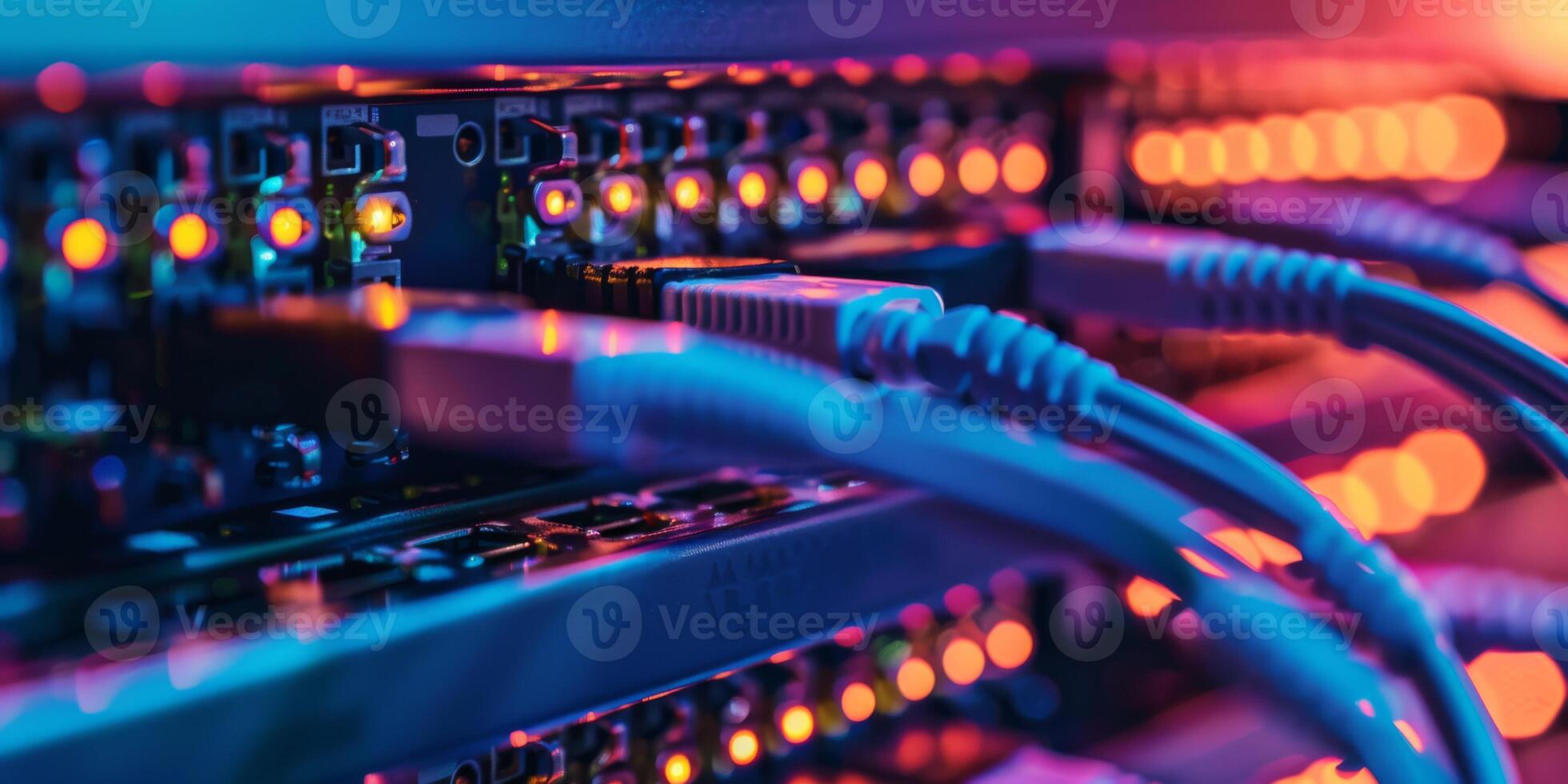 Network cables in a data center connect servers with LED lights for fast and efficient data communication photo