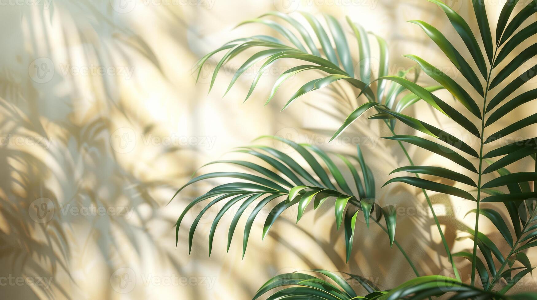 Beautiful palm leaves create elegant shadows on a beige wall, casting a serene ambiance with a touch of natures beauty photo