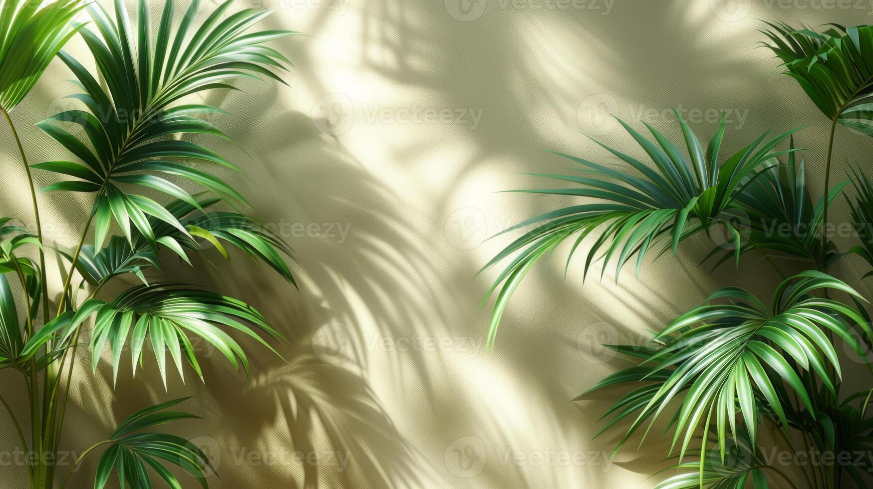 Beautiful palm leaves create elegant shadows on a beige wall, casting a serene ambiance with a touch of natures beauty photo