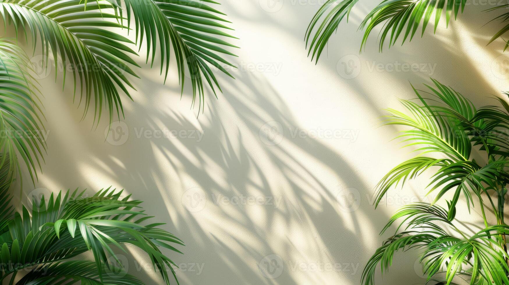 Beautiful palm leaves create elegant shadows on a beige wall, casting a serene ambiance with a touch of natures beauty photo