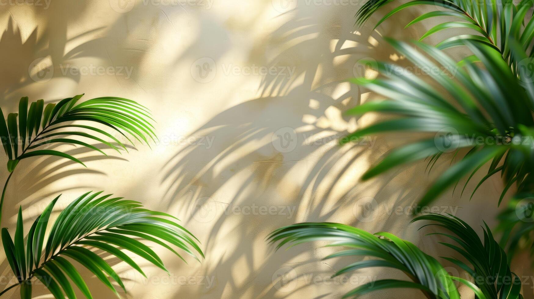 Beautiful palm leaves create elegant shadows on a beige wall, casting a serene ambiance with a touch of natures beauty photo