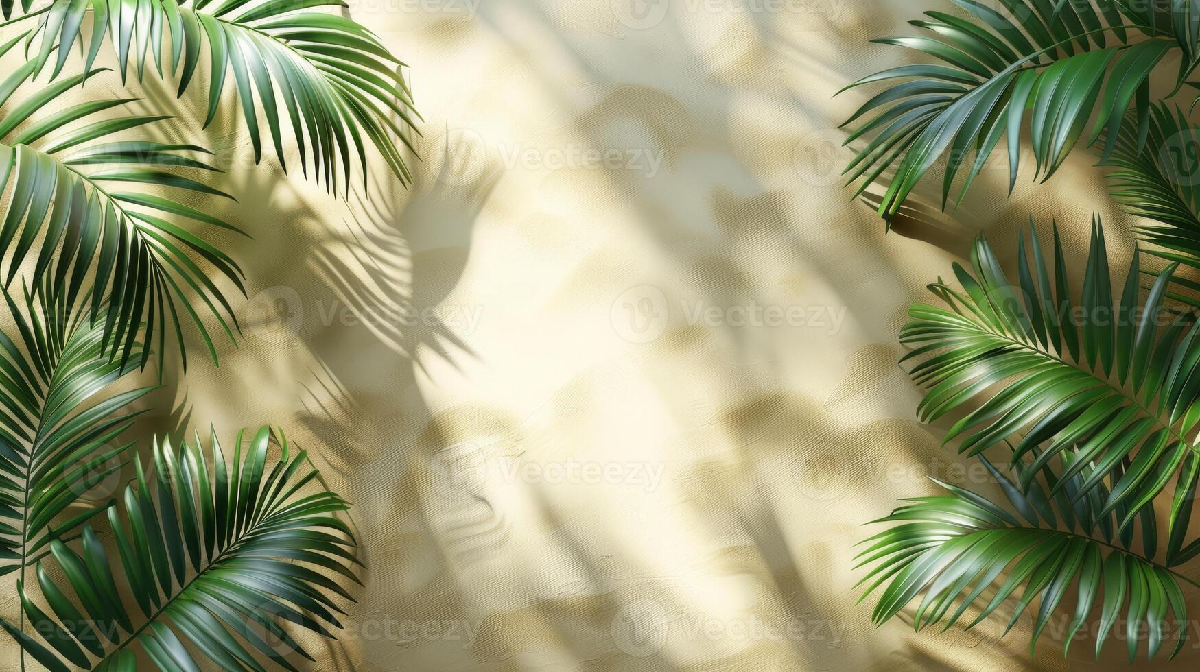 Beautiful palm leaves create elegant shadows on a beige wall, casting a serene ambiance with a touch of natures beauty photo