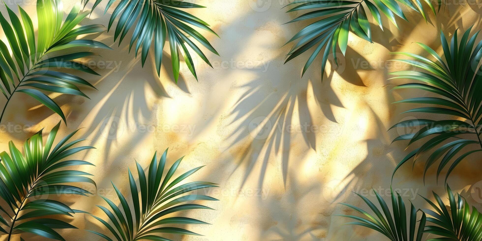 Beautiful palm leaves create elegant shadows on a beige wall, casting a serene ambiance with a touch of natures beauty photo