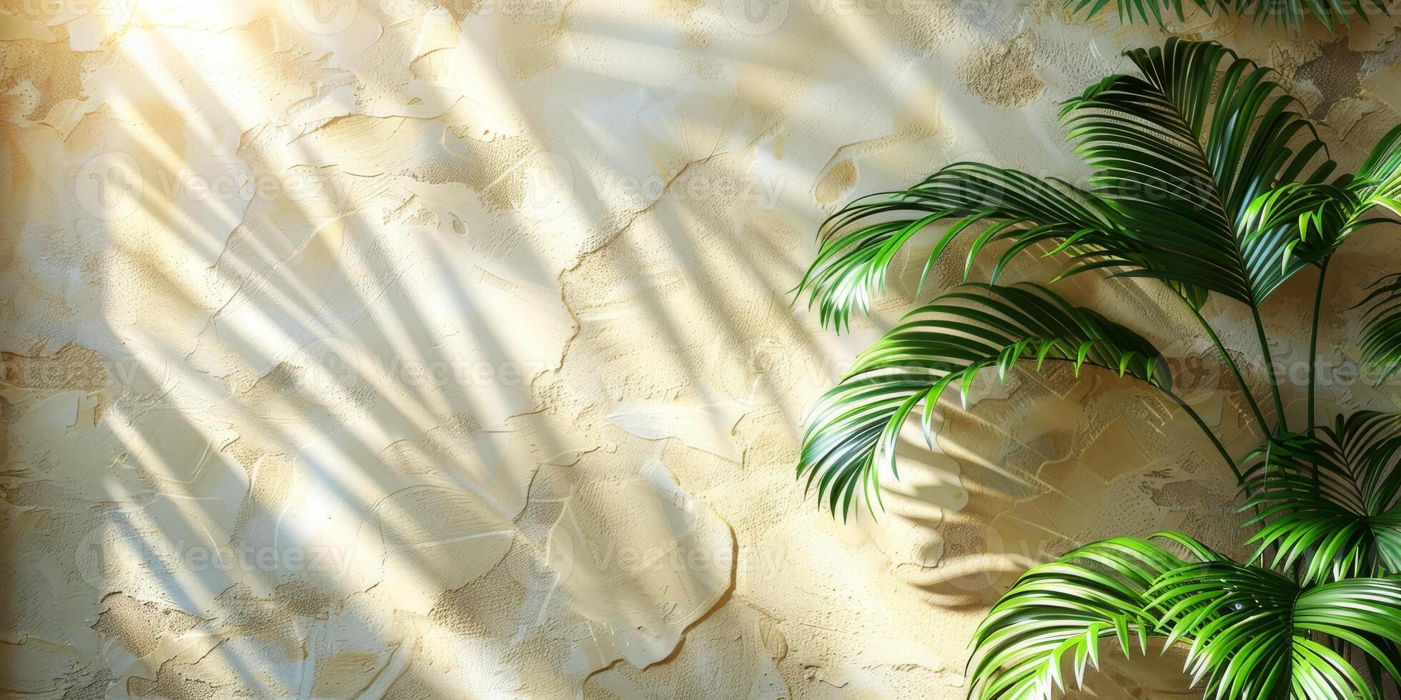 Beautiful palm leaves create elegant shadows on a beige wall, casting a serene ambiance with a touch of natures beauty photo