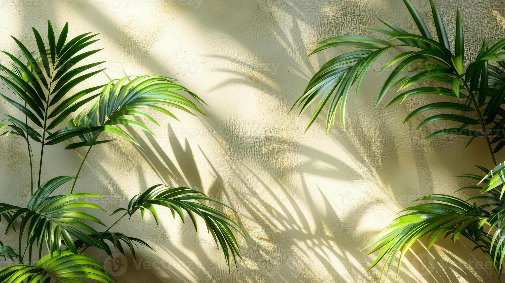 Beautiful palm leaves create elegant shadows on a beige wall, casting a serene ambiance with a touch of natures beauty photo