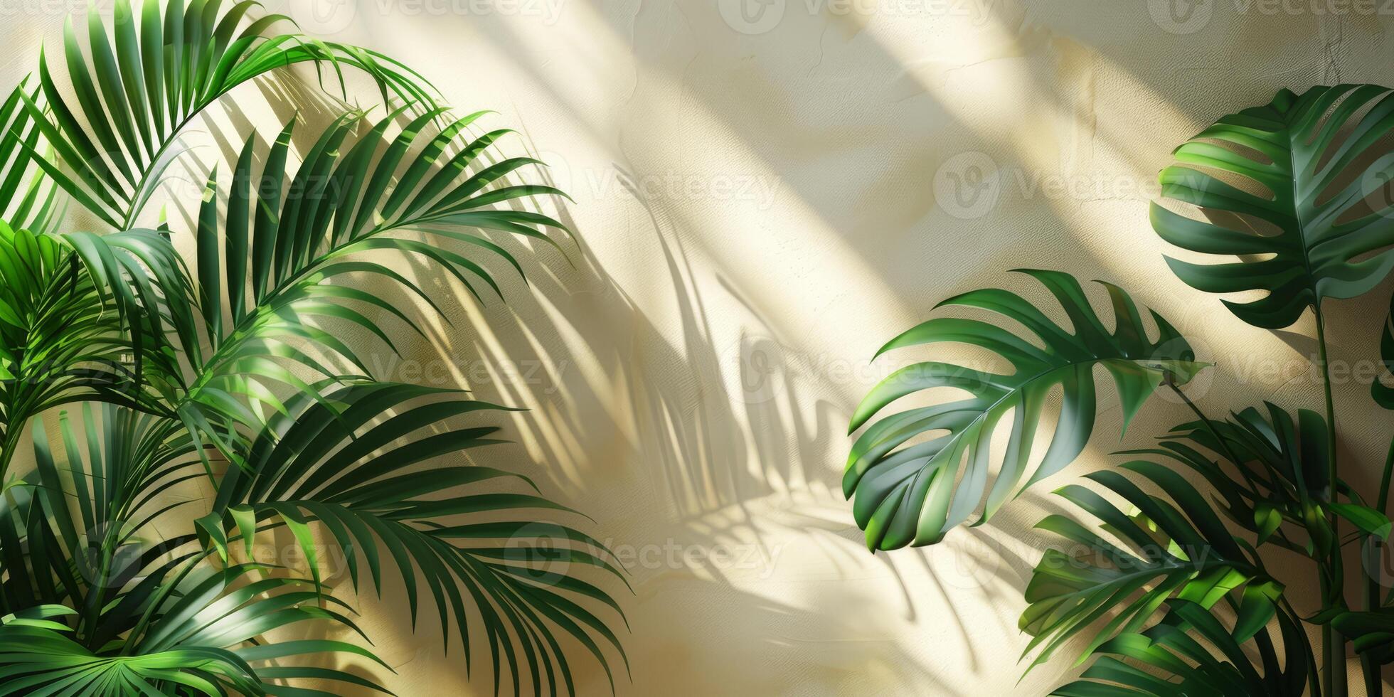 Beautiful palm leaves create elegant shadows on a beige wall, casting a serene ambiance with a touch of natures beauty photo