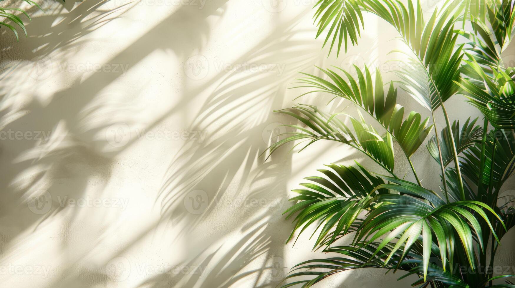 Beautiful palm leaves create elegant shadows on a beige wall, casting a serene ambiance with a touch of natures beauty photo