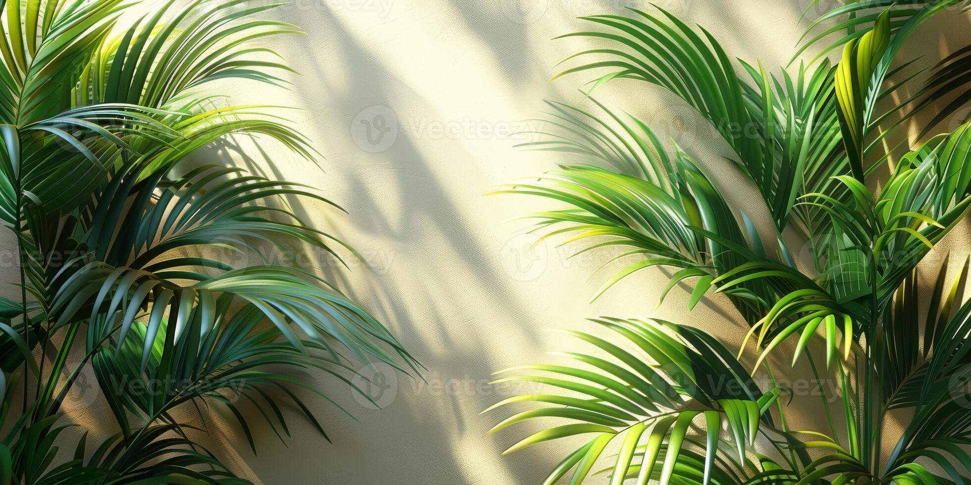 Beautiful palm leaves create elegant shadows on a beige wall, casting a serene ambiance with a touch of natures beauty photo