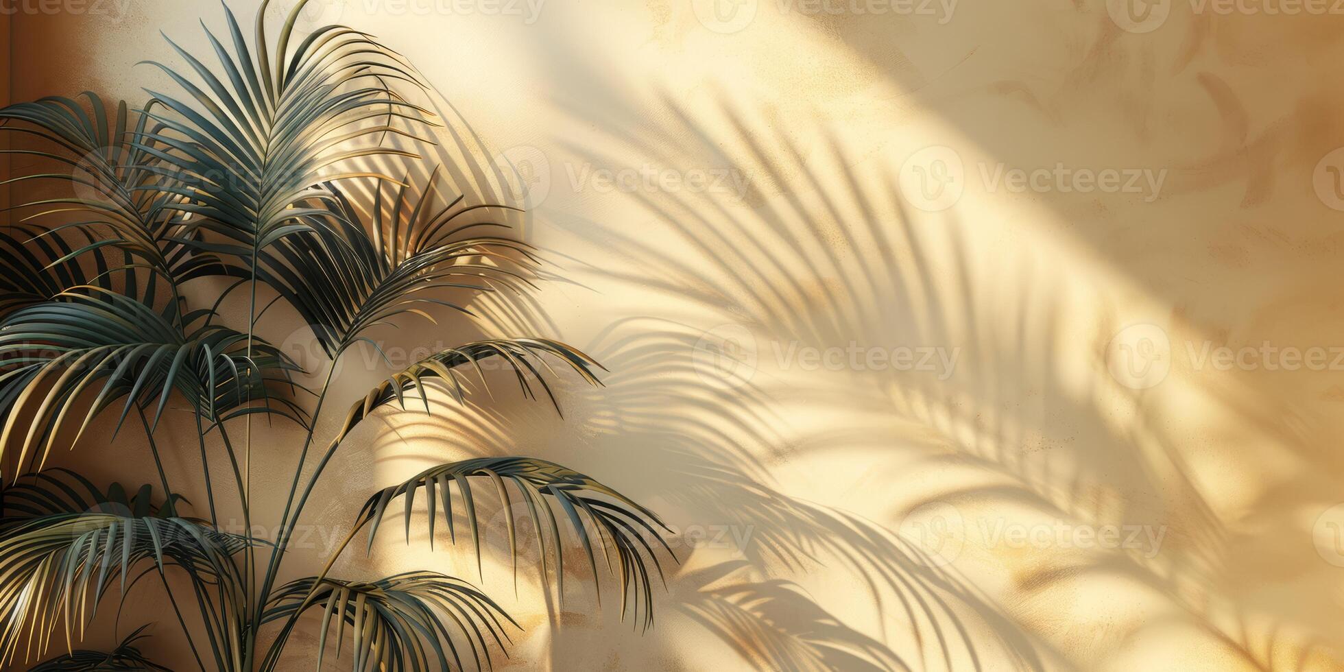 Beautiful palm leaves create elegant shadows on a beige wall, casting a serene ambiance with a touch of natures beauty photo