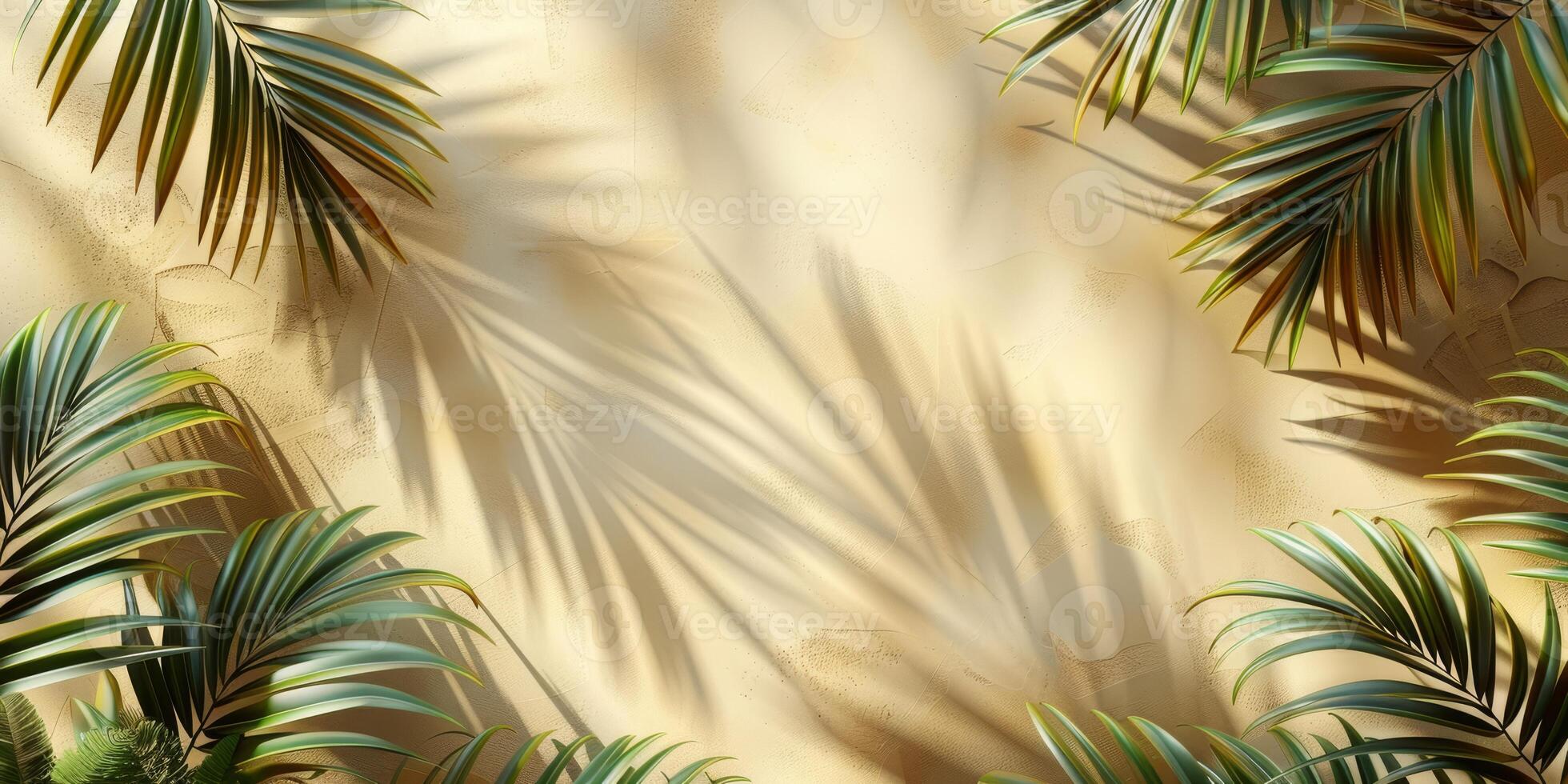 Elegant tropical palm leaves casting shadows on beige sand, ideal for nature and summer-themed projects. photo