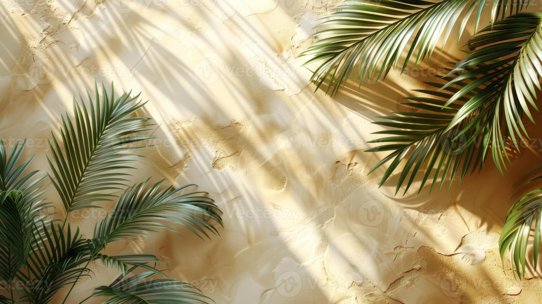 Beautiful palm leaves create elegant shadows on a beige wall, casting a serene ambiance with a touch of natures beauty photo