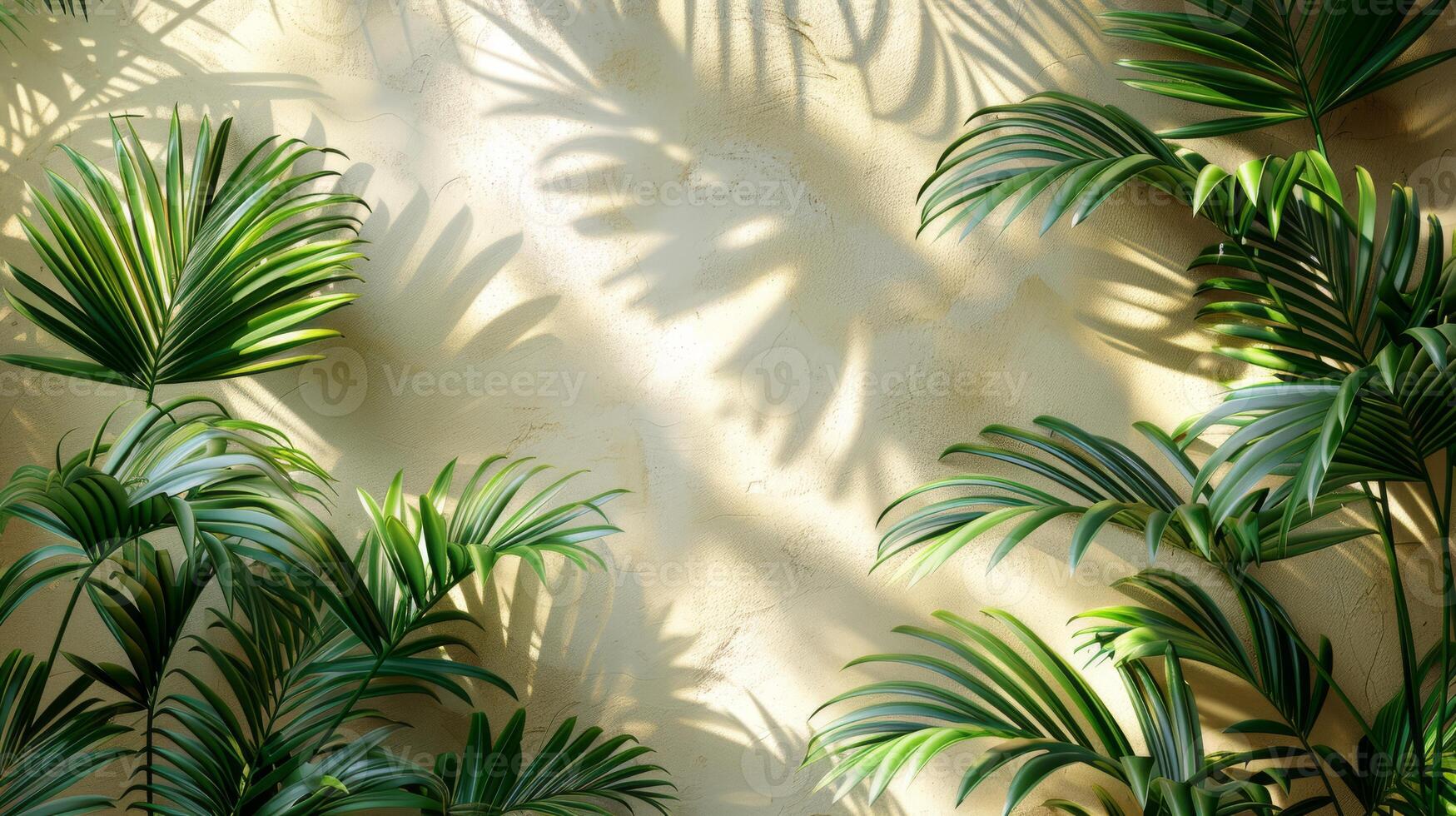 Beautiful palm leaves create elegant shadows on a beige wall, casting a serene ambiance with a touch of natures beauty photo