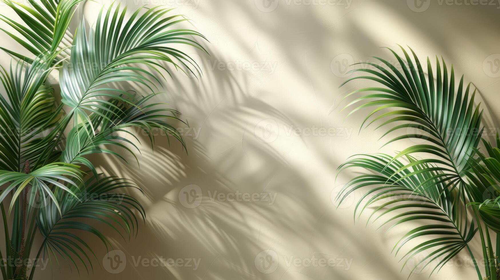 Beautiful palm leaves create elegant shadows on a beige wall, casting a serene ambiance with a touch of natures beauty photo