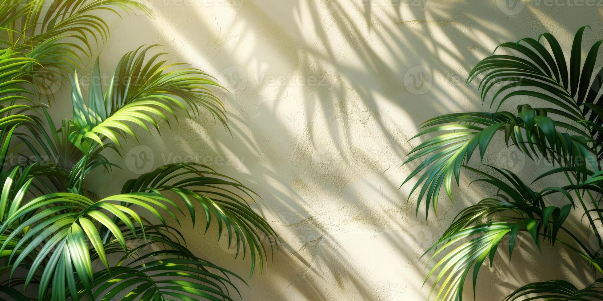 Beautiful palm leaves create elegant shadows on a beige wall, casting a serene ambiance with a touch of natures beauty photo