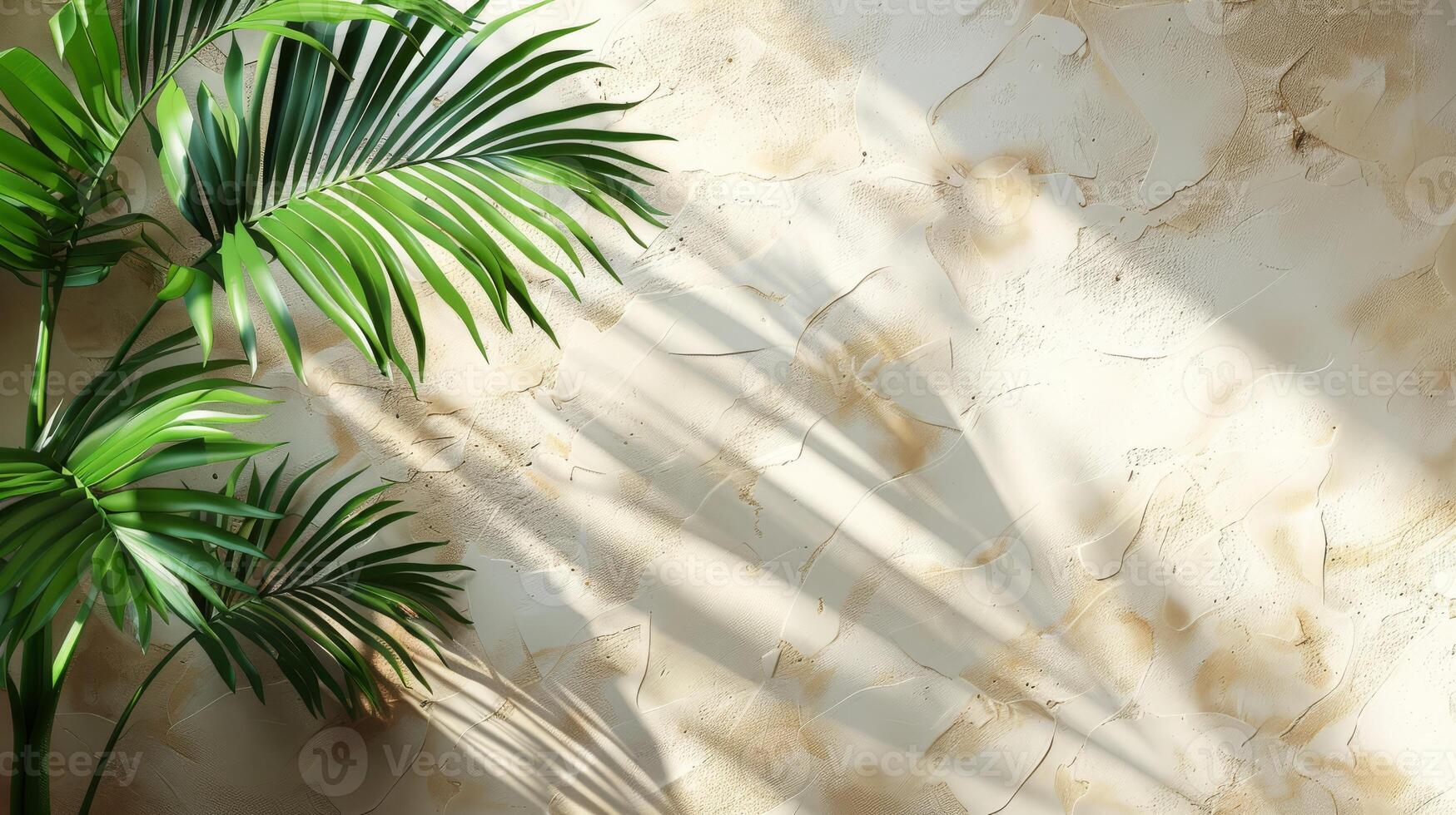 Beautiful palm leaves create elegant shadows on a beige wall, casting a serene ambiance with a touch of natures beauty photo
