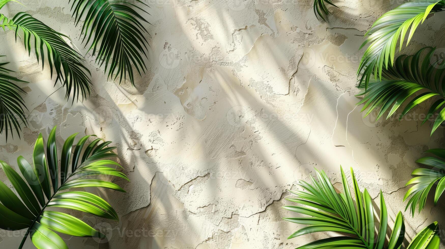 Beautiful palm leaves create elegant shadows on a beige wall, casting a serene ambiance with a touch of natures beauty photo