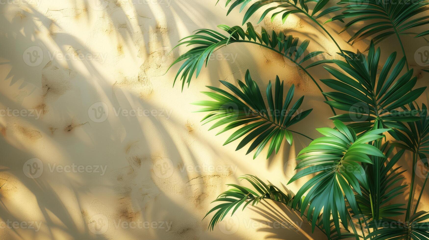 Beautiful palm leaves create elegant shadows on a beige wall, casting a serene ambiance with a touch of natures beauty photo
