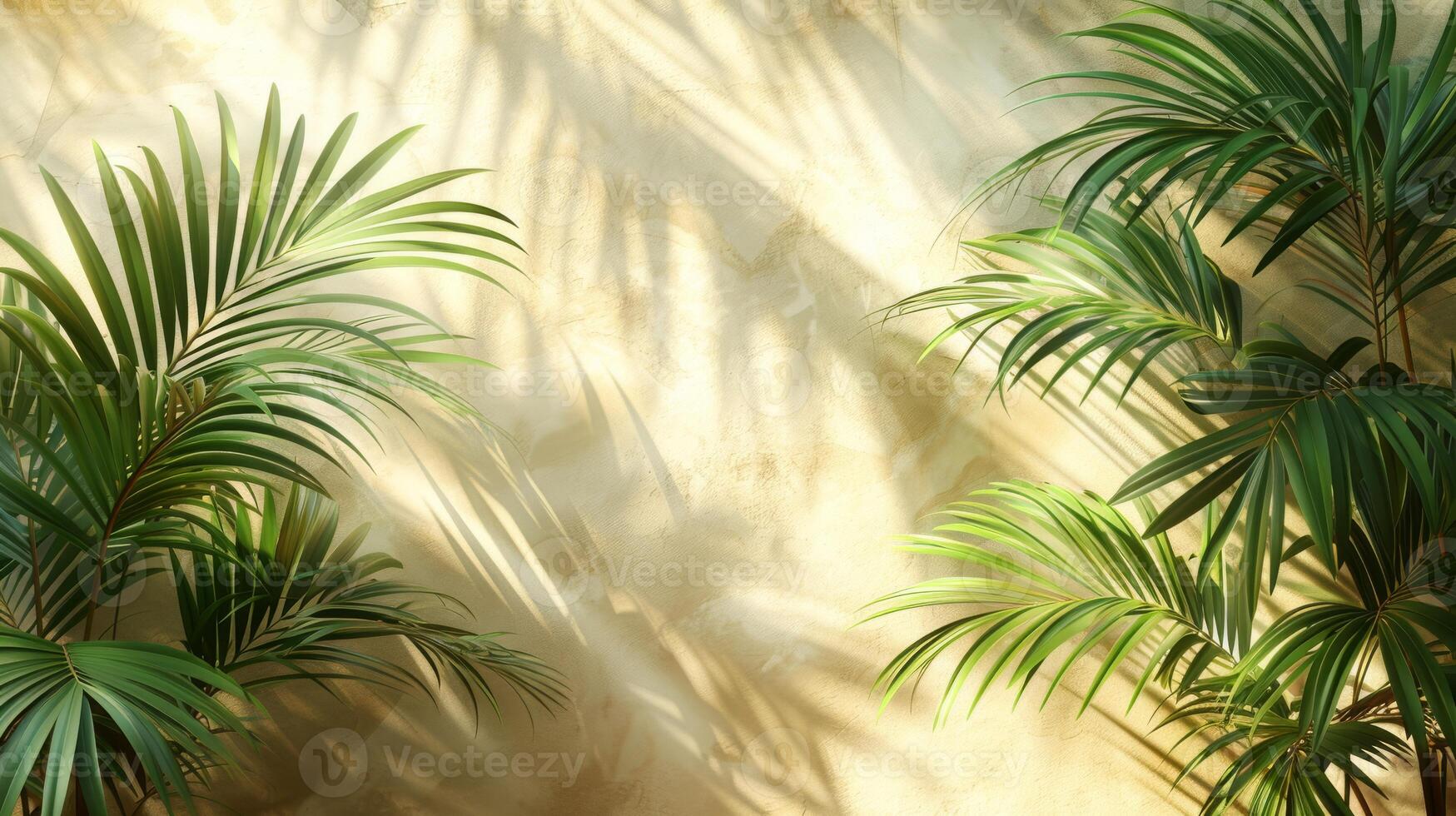 Beautiful palm leaves create elegant shadows on a beige wall, casting a serene ambiance with a touch of natures beauty photo