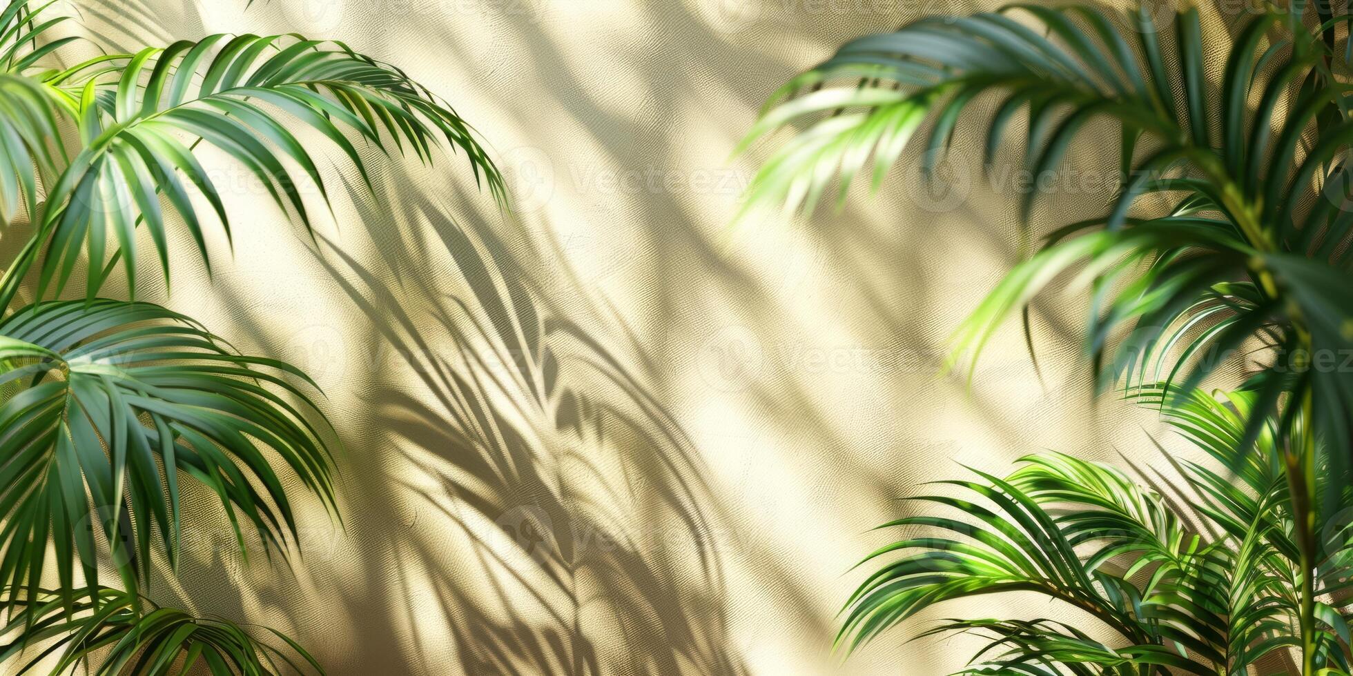 Beautiful palm leaves create elegant shadows on a beige wall, casting a serene ambiance with a touch of natures beauty photo