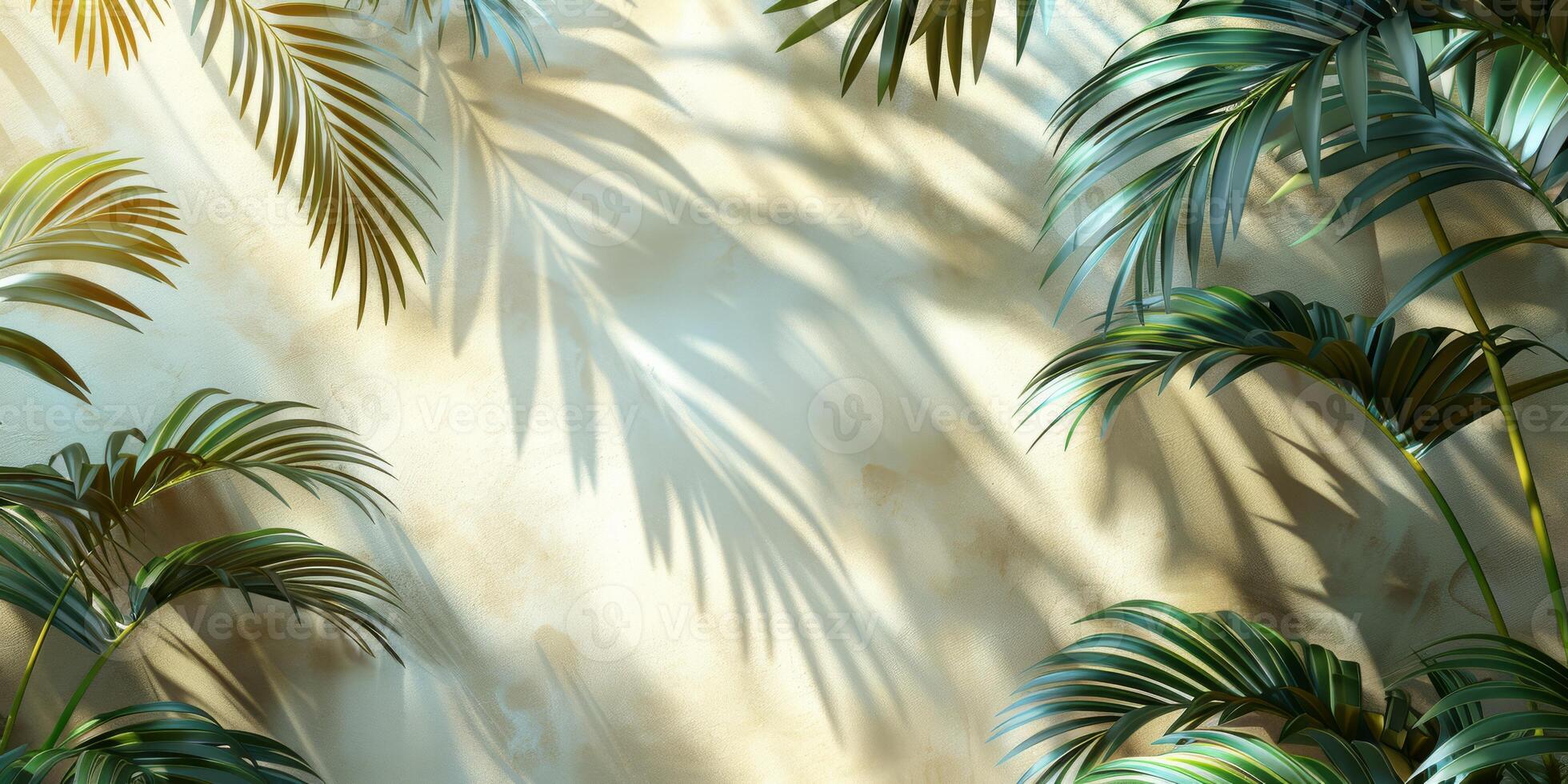 Beautiful palm leaves create elegant shadows on a beige wall, casting a serene ambiance with a touch of natures beauty photo