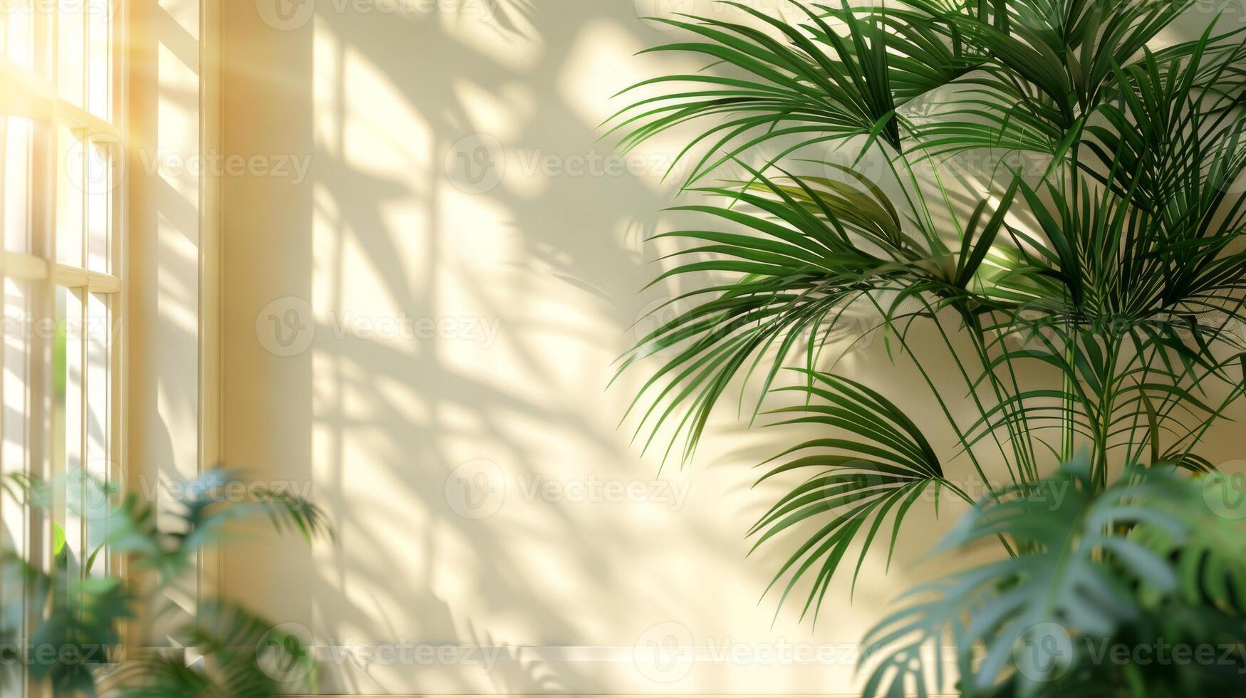 Beautiful palm leaves create elegant shadows on a beige wall, casting a serene ambiance with a touch of natures beauty photo