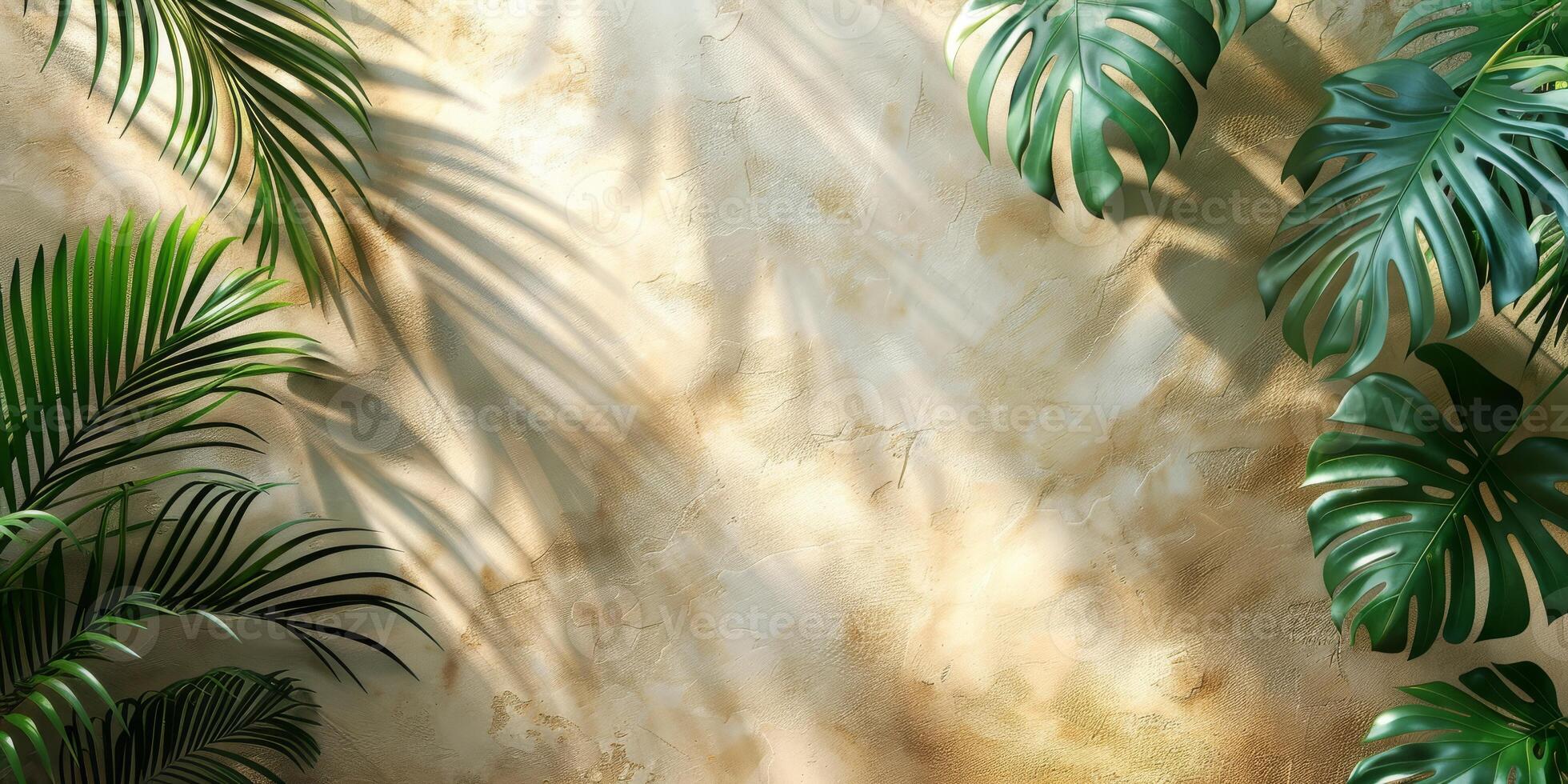 Beautiful palm leaves create elegant shadows on a beige wall, casting a serene ambiance with a touch of natures beauty photo