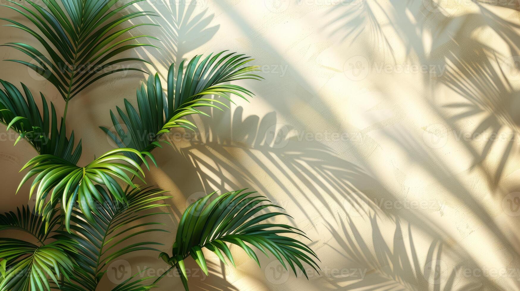 Beautiful palm leaves create elegant shadows on a beige wall, casting a serene ambiance with a touch of natures beauty photo