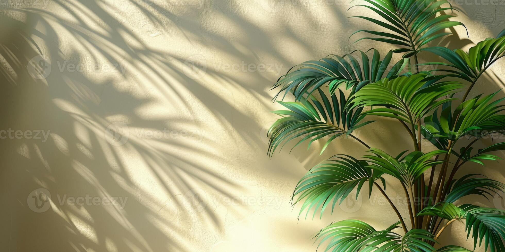 Beautiful palm leaves create elegant shadows on a beige wall, casting a serene ambiance with a touch of natures beauty photo