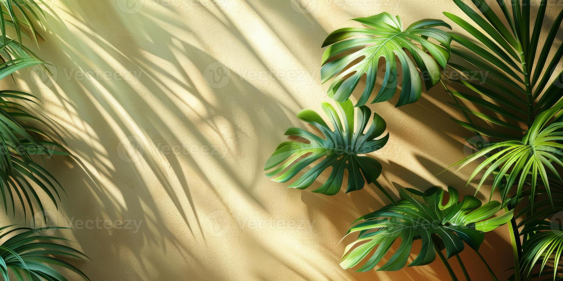 Beautiful palm leaves create elegant shadows on a beige wall, casting a serene ambiance with a touch of natures beauty photo
