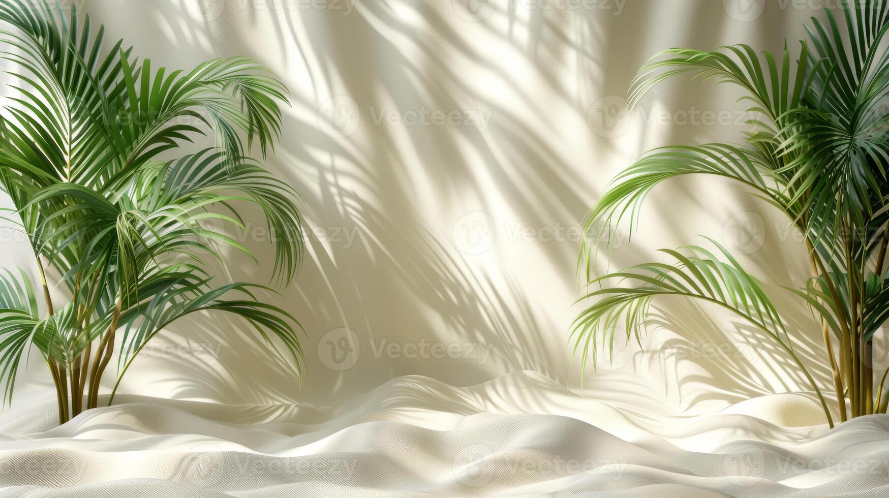 Tropical scene with palm leaves casting shadows over sandy surface for serene and tranquil background. photo
