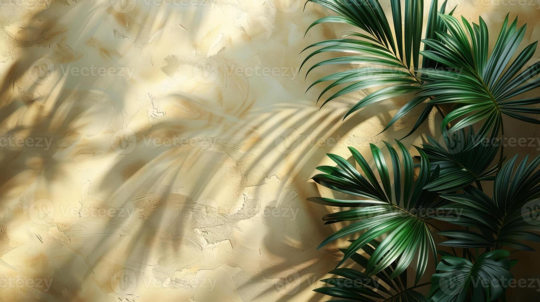 Beautiful palm leaves create elegant shadows on a beige wall, casting a serene ambiance with a touch of natures beauty photo