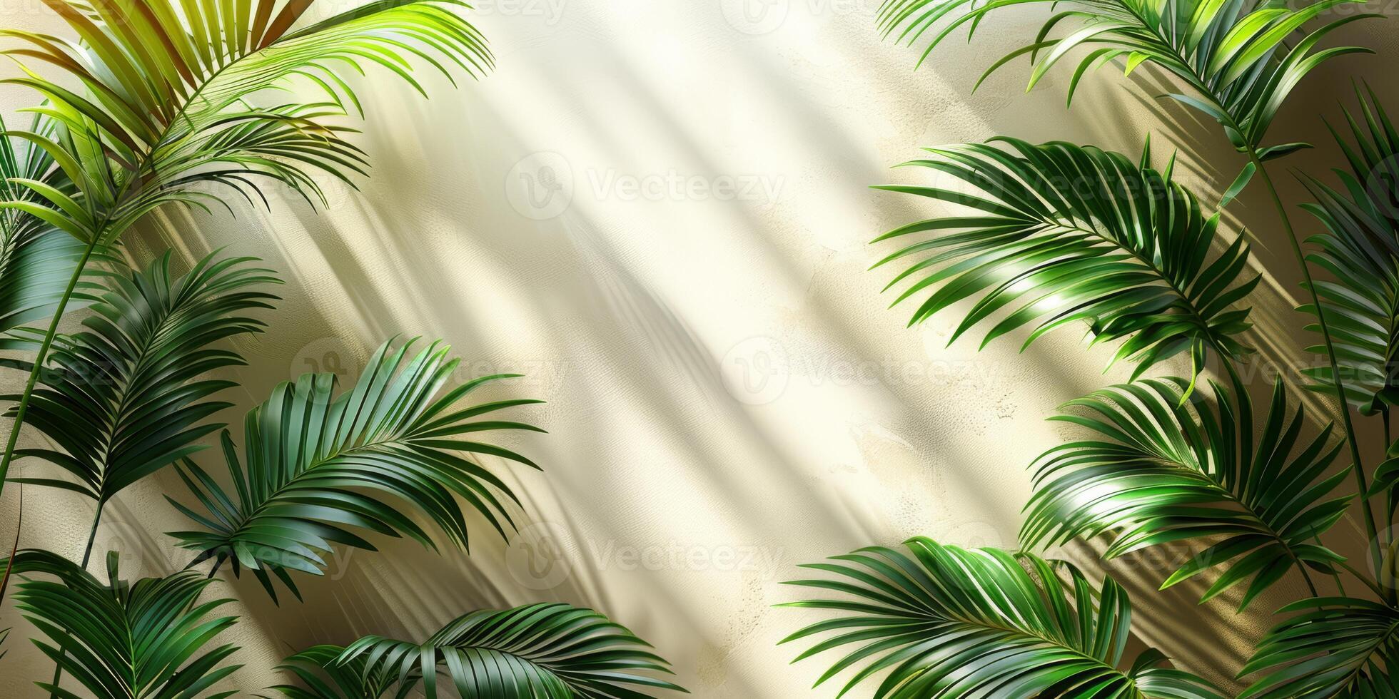 Beautiful palm leaves create elegant shadows on a beige wall, casting a serene ambiance with a touch of natures beauty photo