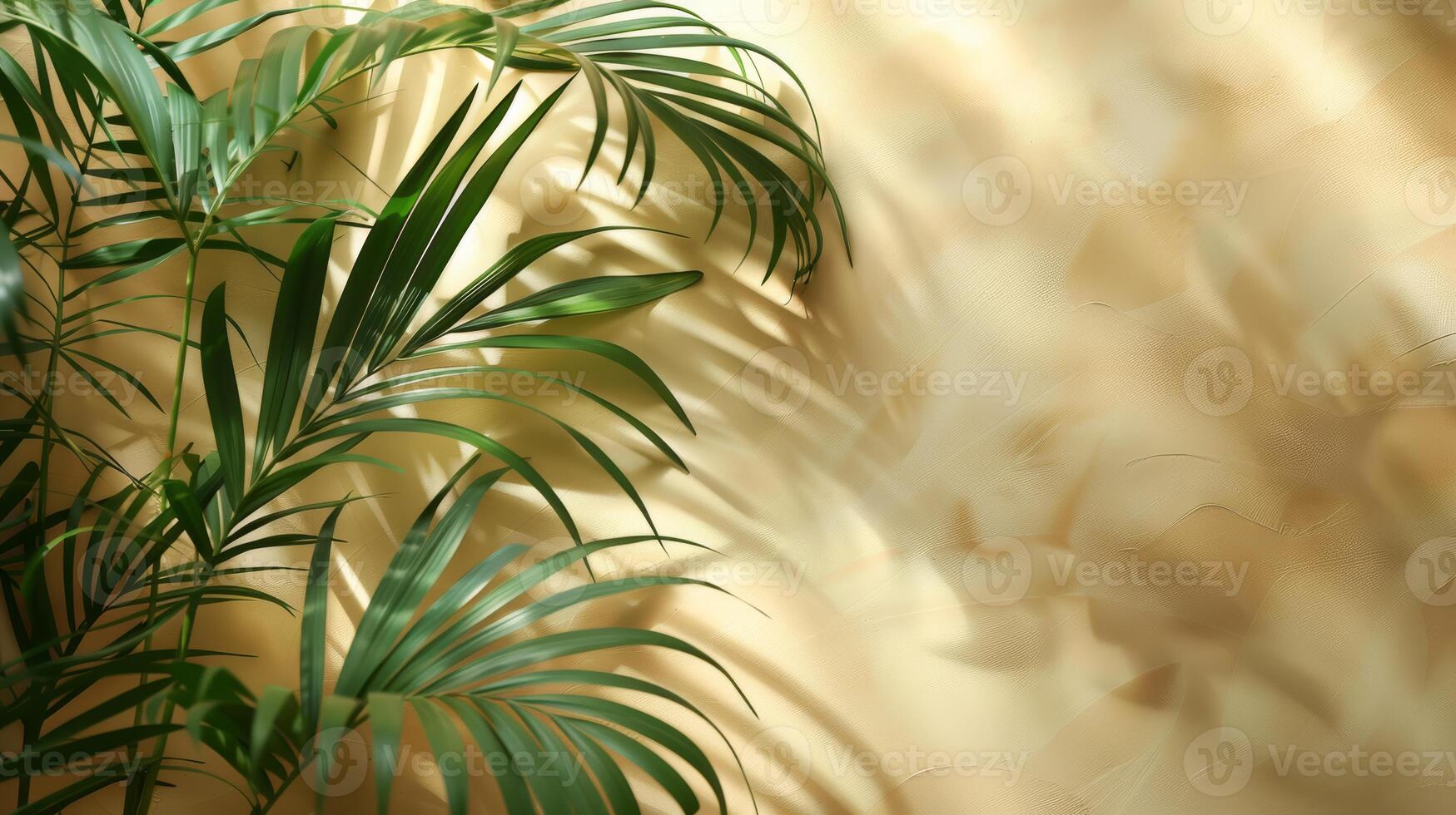 Beautiful palm leaves create elegant shadows on a beige wall, casting a serene ambiance with a touch of natures beauty photo