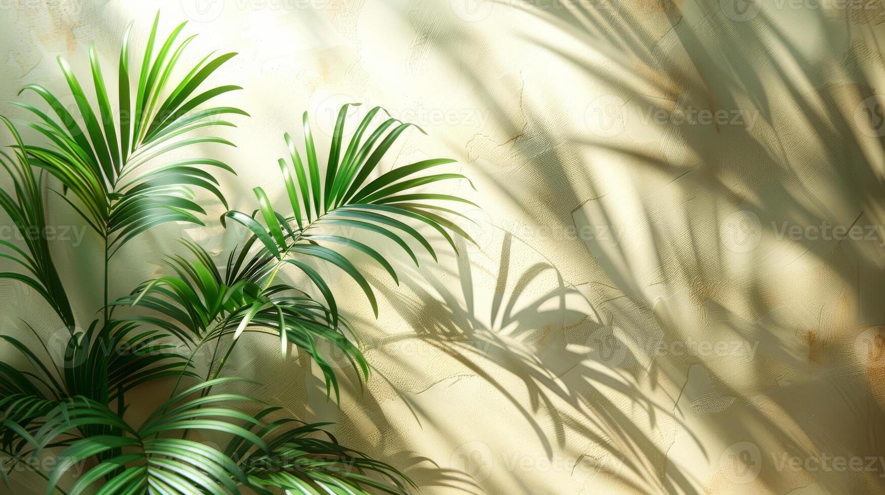 Beautiful palm leaves create elegant shadows on a beige wall, casting a serene ambiance with a touch of natures beauty photo