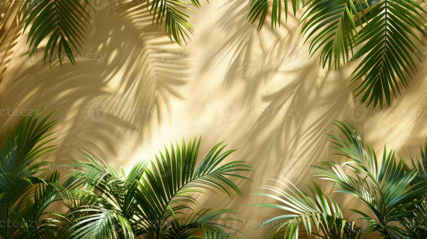 Beautiful palm leaves create elegant shadows on a beige wall, casting a serene ambiance with a touch of natures beauty photo