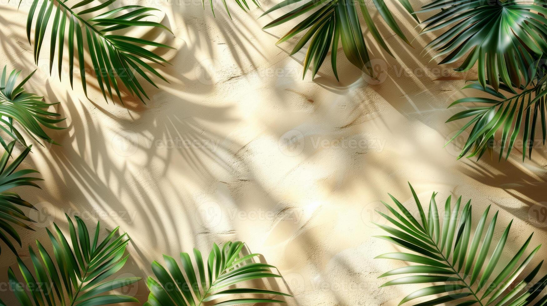 Beautiful palm leaves create elegant shadows on a beige wall, casting a serene ambiance with a touch of natures beauty photo