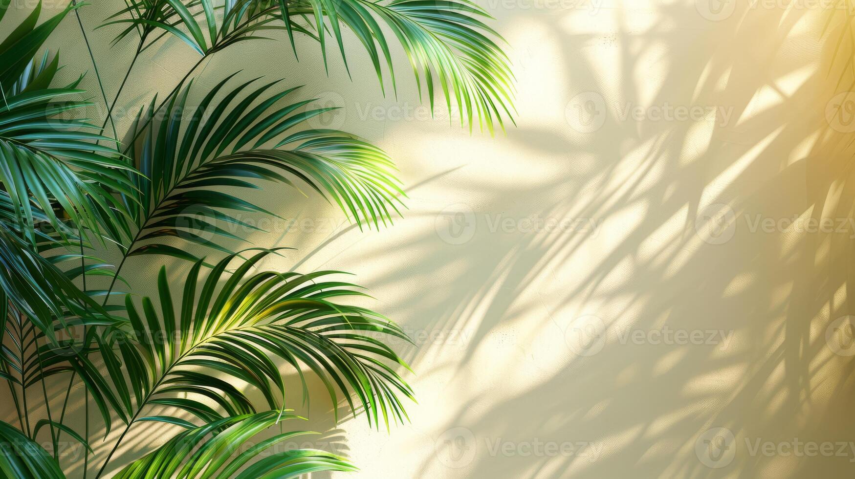 Beautiful palm leaves create elegant shadows on a beige wall, casting a serene ambiance with a touch of natures beauty photo