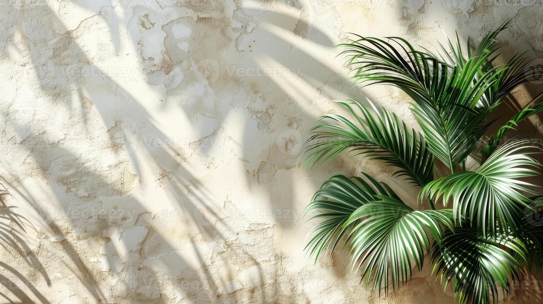 Beautiful palm leaves create elegant shadows on a beige wall, casting a serene ambiance with a touch of natures beauty photo