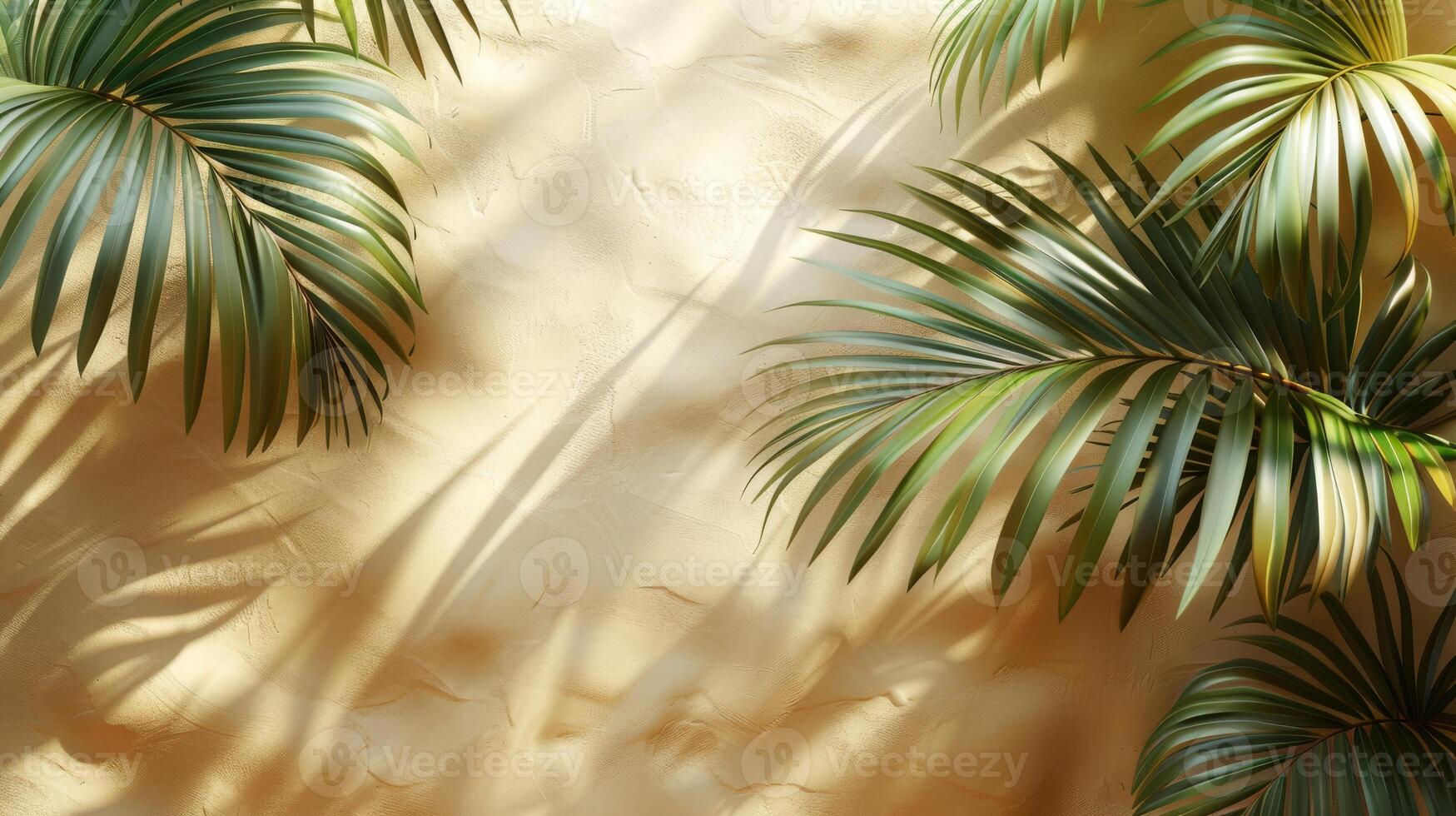 Beautiful palm leaves create elegant shadows on a beige wall, casting a serene ambiance with a touch of natures beauty photo