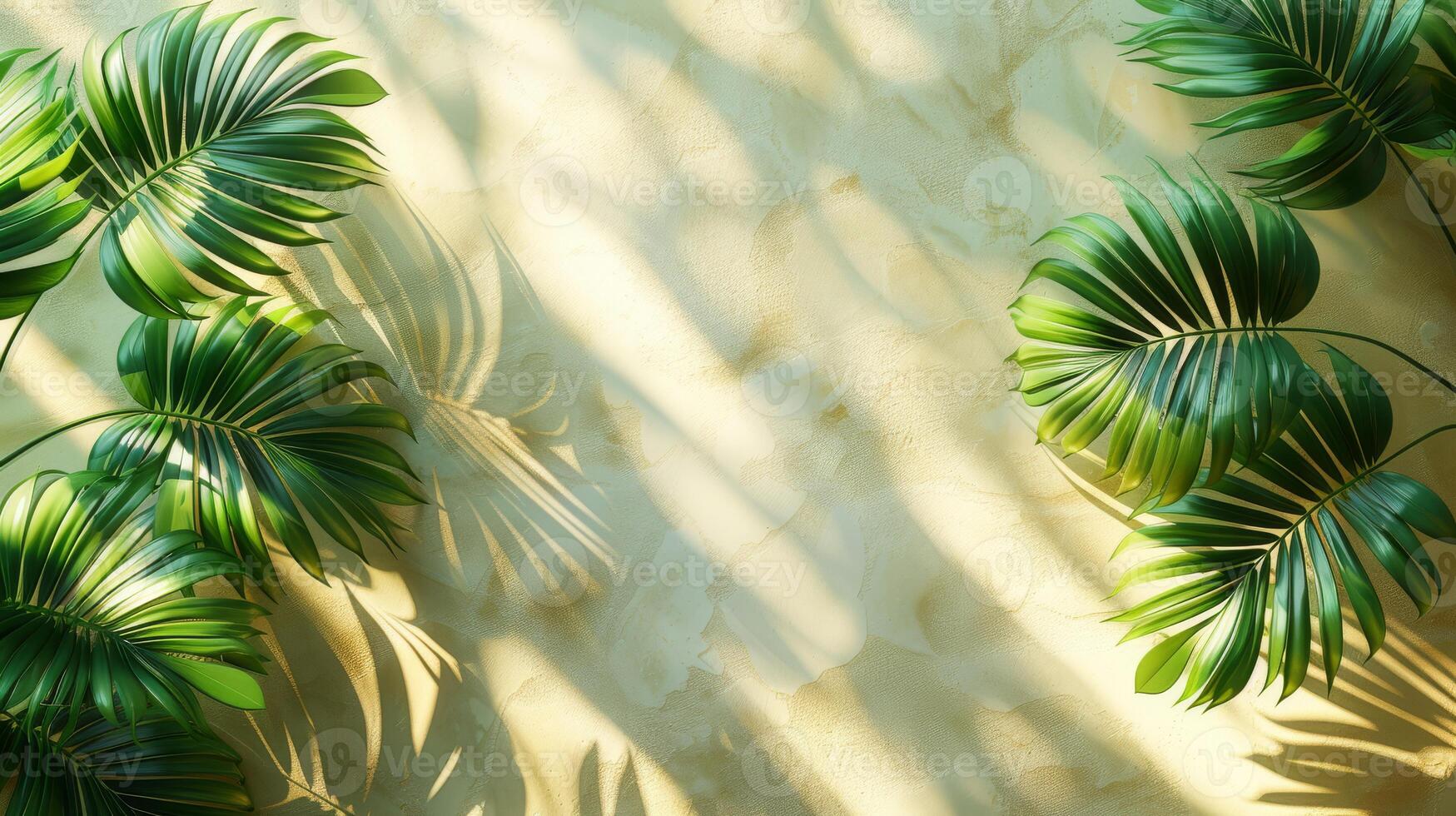 Beautiful palm leaves create elegant shadows on a beige wall, casting a serene ambiance with a touch of natures beauty photo