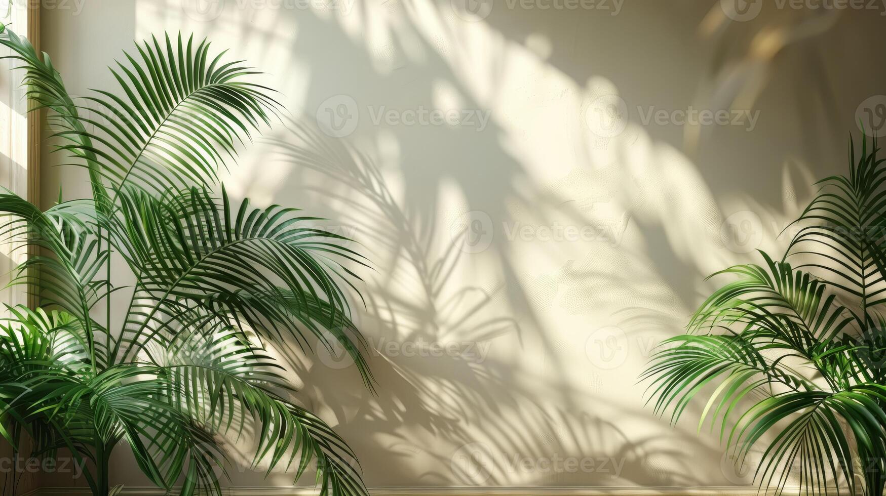 Beautiful palm leaves create elegant shadows on a beige wall, casting a serene ambiance with a touch of natures beauty photo